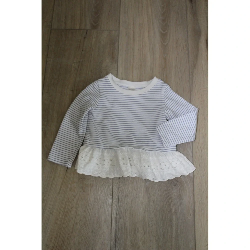 OshKosh B'gosh Girls 18M Blue White Striped Long Sleeve Eyelet Lace Peplum Top